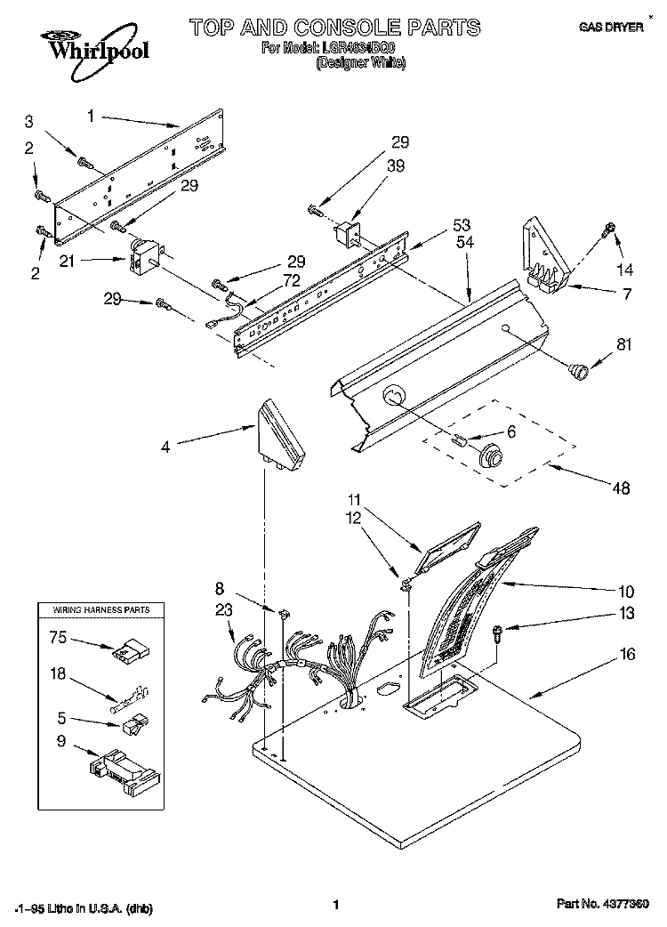 TOP AND CONSOLE, LIT/OPTIONAL Diagram and Parts List for LGR4634BQ0  Whirlpool Dryer
