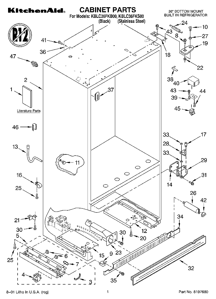 CABINET, LITERATURE Diagram and Parts List for KBLC36FKS00  KitchenAid Refrigerator