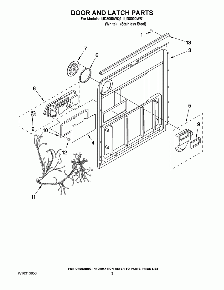 DOOR AND LATCH PARTS Diagram and Parts List for IUD8000WS1  Whirlpool Dishwasher