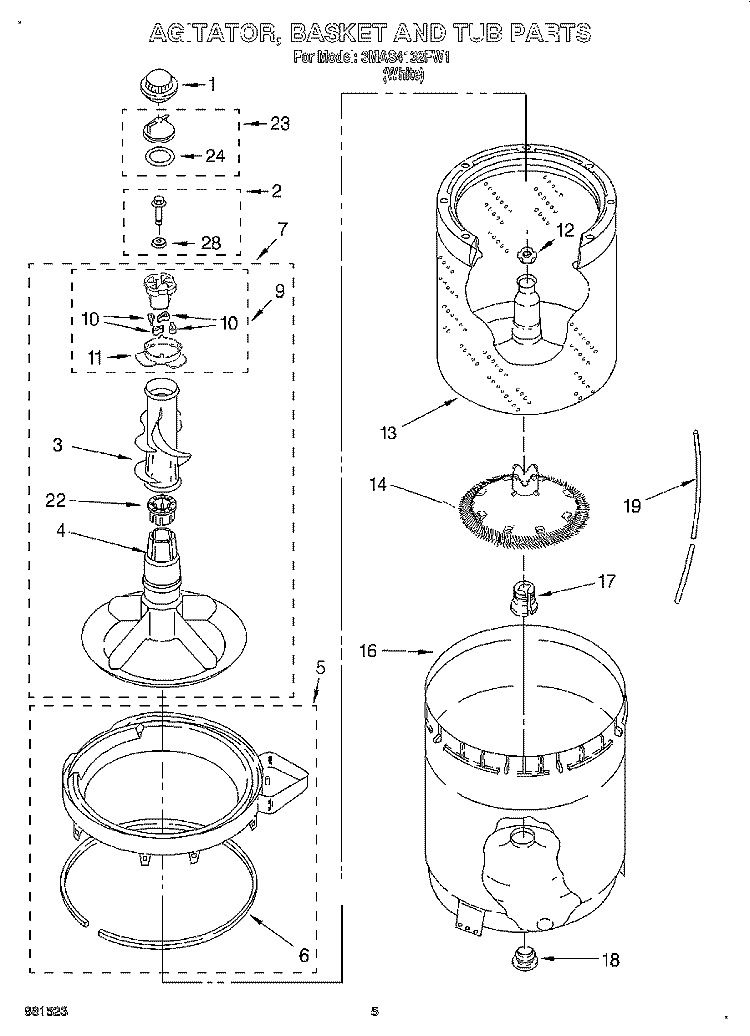 AGITATOR, BASKET AND TUB Diagram and Parts List for 3MAS4132FW1  Whirlpool Washer