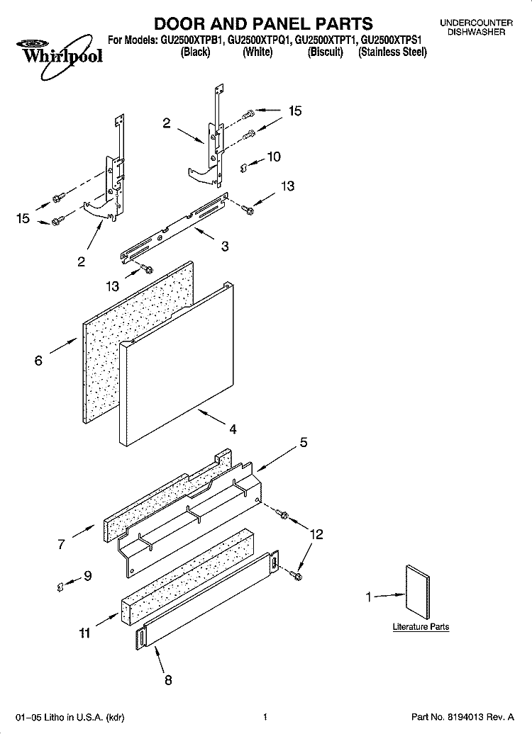 DOOR AND PANEL PARTS Diagram and Parts List for GU2500XTPT1  Whirlpool Dishwasher