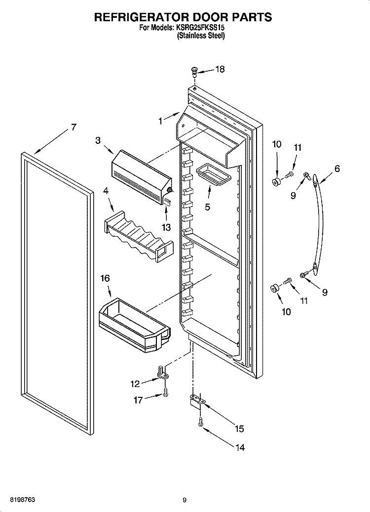 REFRIGERATOR DOOR PARTS Diagram and Parts List for KSRG25FKSS15  KitchenAid Refrigerator
