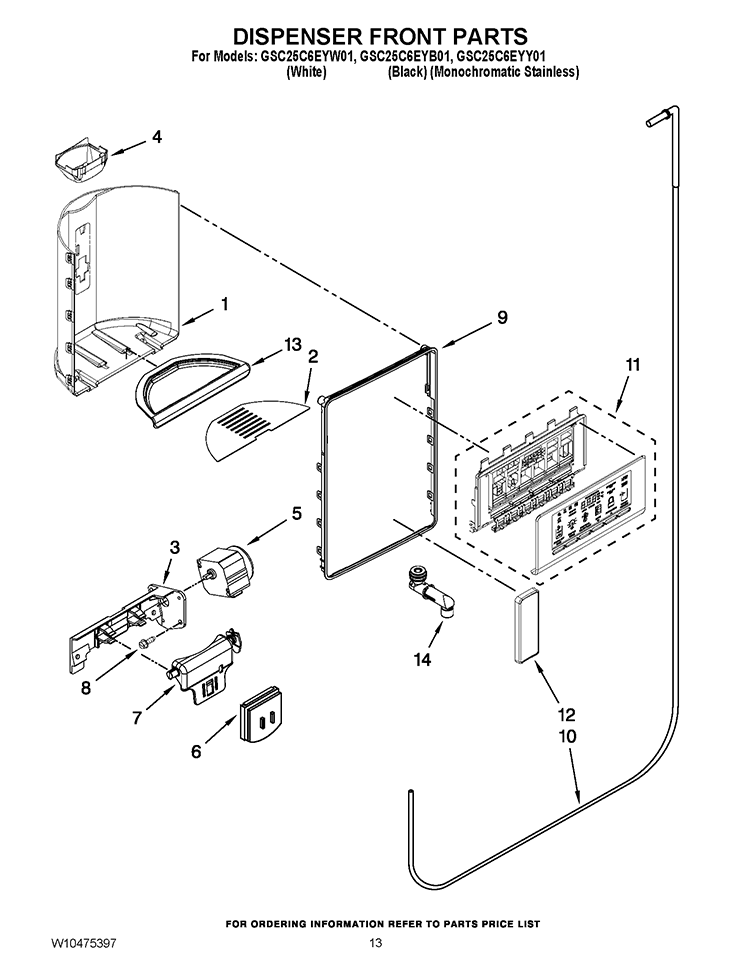 DISPENSER FRONT PARTS Diagram and Parts List for GSC25C6EYY01  Whirlpool Refrigerator