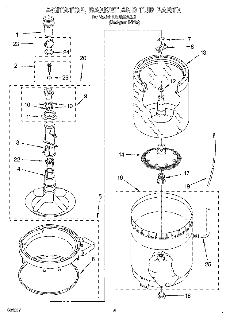 AGITATOR, BASKET AND TUB Diagram and Parts List for LSQ8520JQ0  Whirlpool Washer