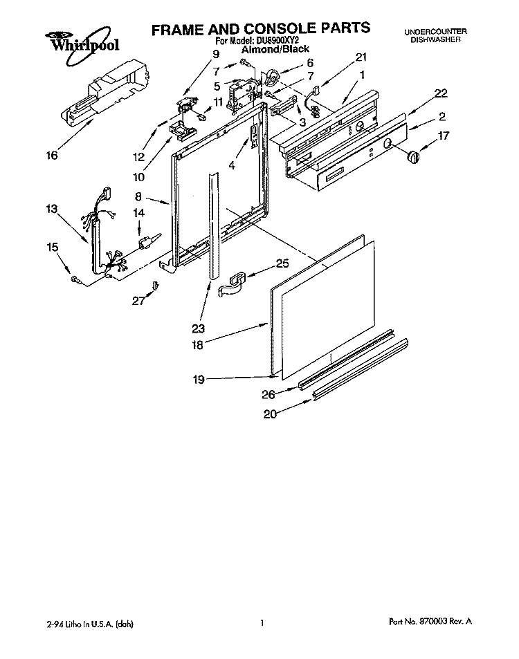 FRAME AND CONSOLE Diagram and Parts List for DU8900XY2  Whirlpool Dishwasher
