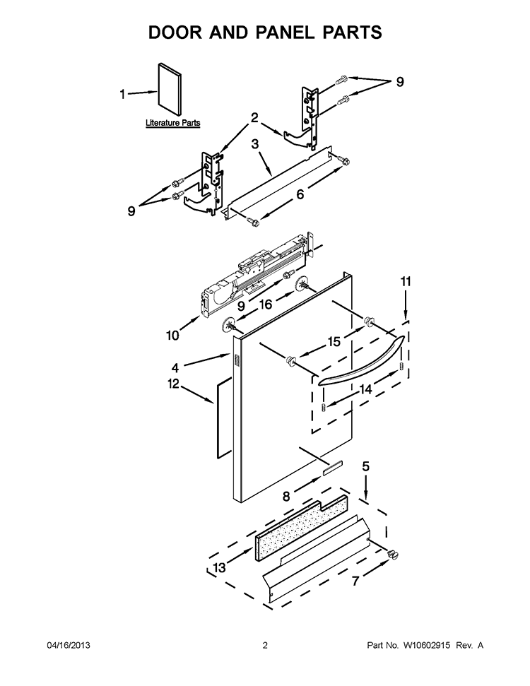 DOOR AND PANEL PARTS Diagram and Parts List for 7WDT950SAYM2  Whirlpool Dishwasher