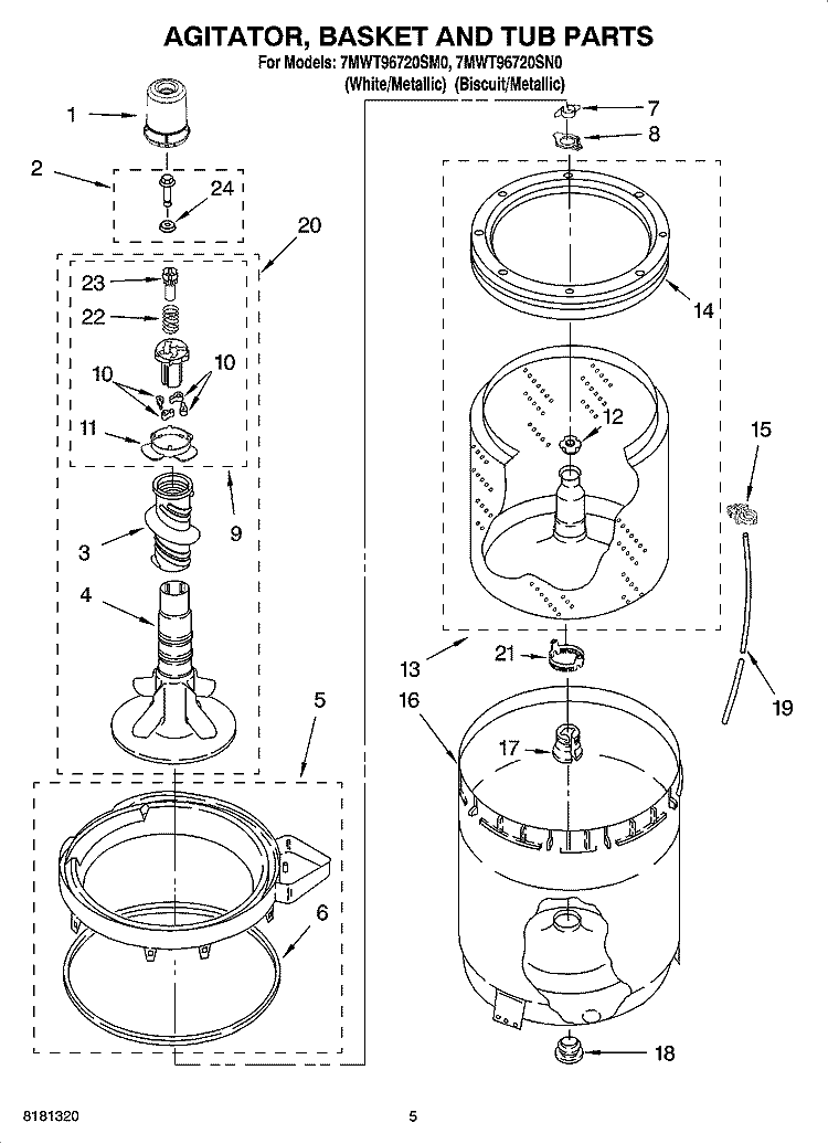 AGITATOR, BASKET AND TUB PARTS Diagram and Parts List for 7MWT96720SM0  Whirlpool Washer