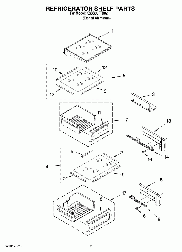 REFRIGERATOR SHELF PARTS Diagram and Parts List for KSSS36FTX02  KitchenAid Refrigerator