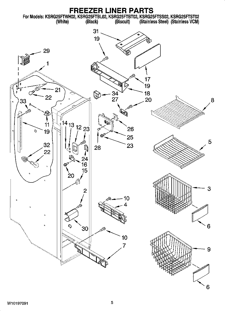 FREEZER LINER PARTS Diagram and Parts List for KSRG25FTST02  KitchenAid Refrigerator