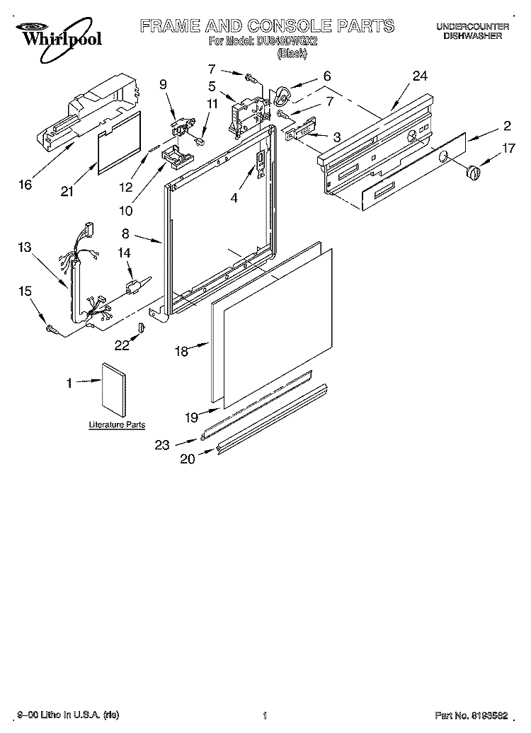 FRAME & CONSOLE, LITERATURE Diagram and Parts List for DU840DWGX2  Whirlpool Dishwasher