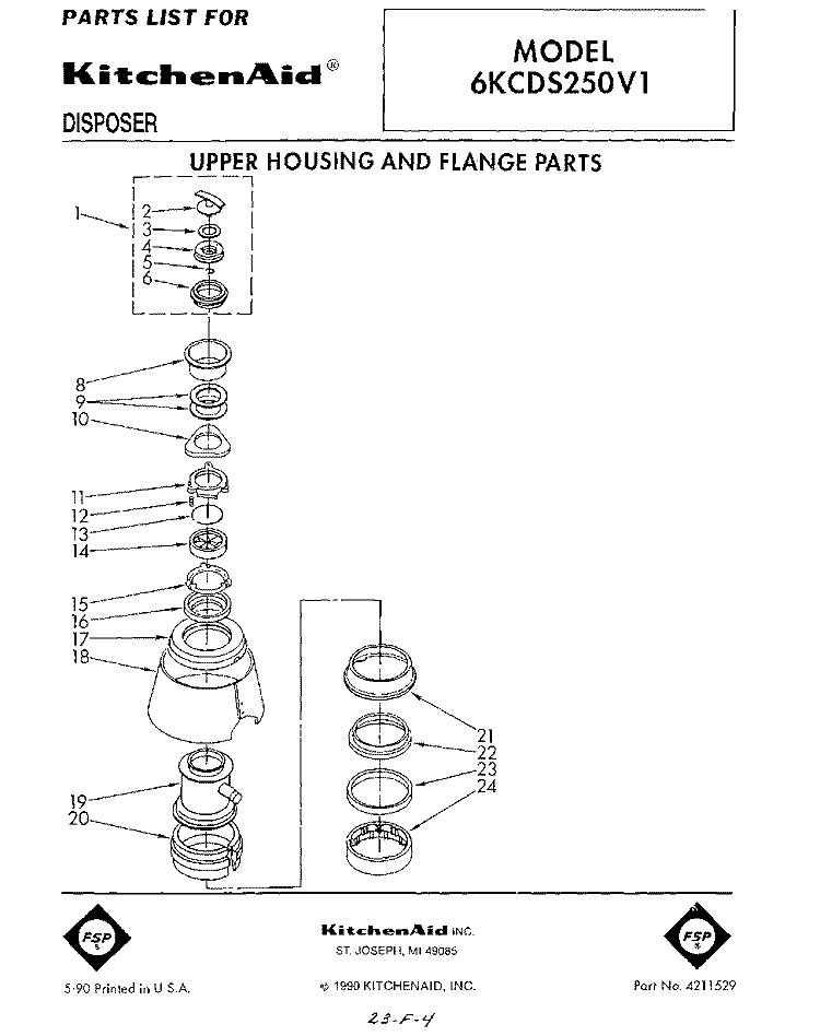 SECTION Diagram and Parts List for 6KCDS250V1  KitchenAid Food Waste Disposer