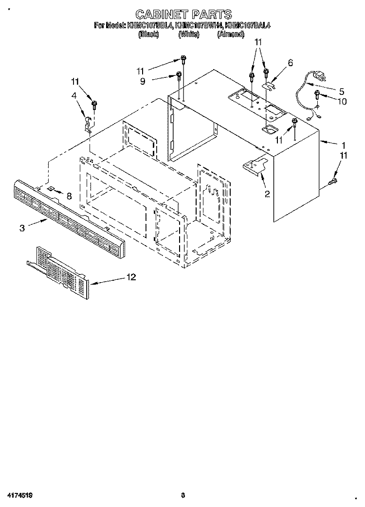CABINET Diagram and Parts List for KHMC107BWH4  KitchenAid Microwave