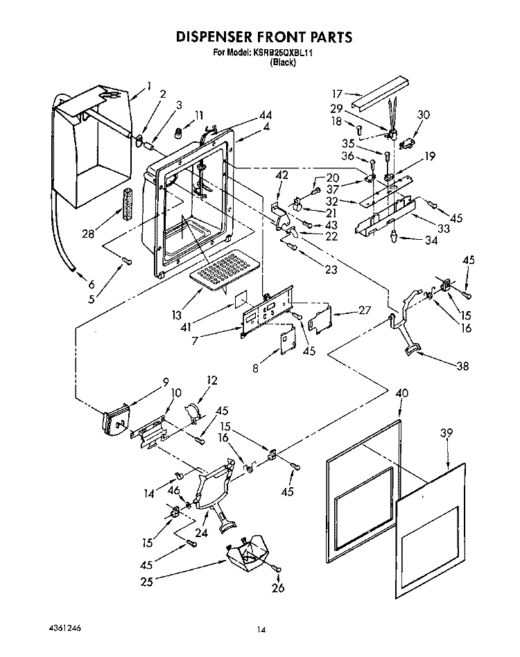 DISPENSER FRONT Diagram and Parts List for KSRB25QXBL11  KitchenAid Refrigerator