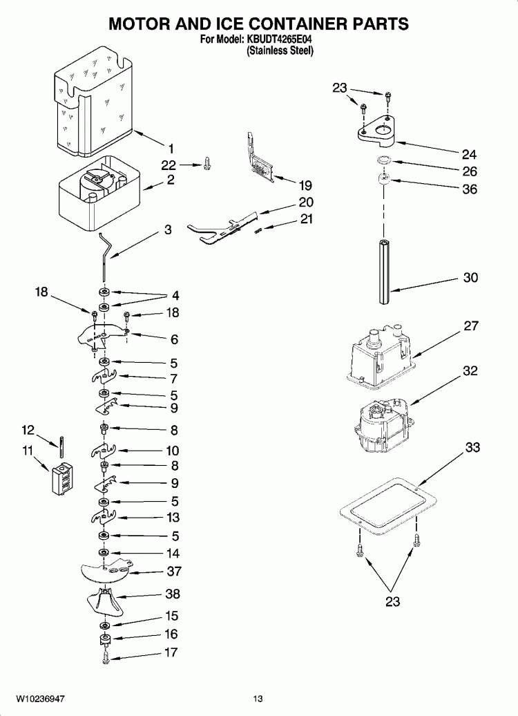 MOTOR AND ICE CONTAINER PARTS Diagram and Parts List for KBUDT4265E04  KitchenAid Refrigerator