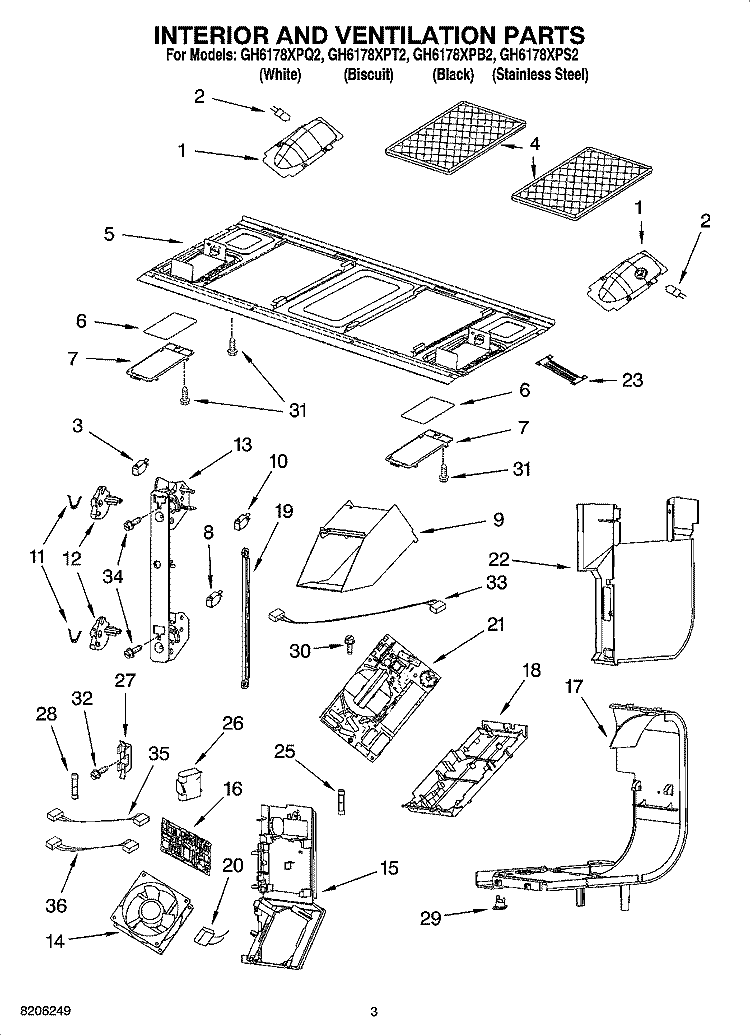 INTERIOR AND VENTILATION PARTS Diagram and Parts List for GH6178XPB2  Whirlpool Microwave
