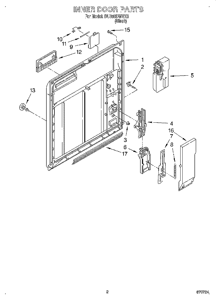 INNER DOOR Diagram and Parts List for DU850DWGX1  Whirlpool Dishwasher
