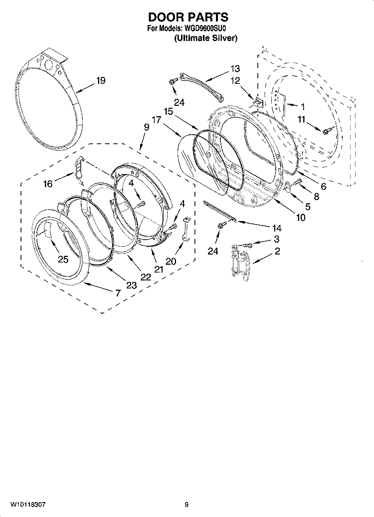 DOOR PARTS, OPTIONAL PARTS (NOT INCLUDED) Diagram and Parts List for WGD9600SU0  Whirlpool Dryer