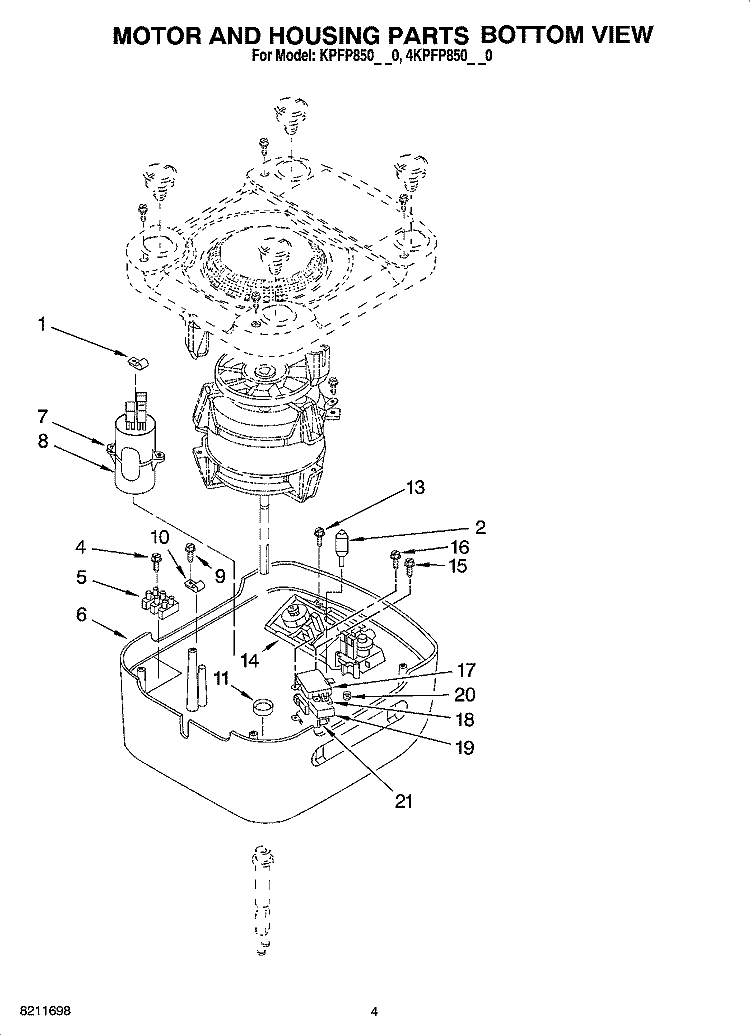 MOTOR AND HOUSING PARTS BOTTOM VIEW Diagram and Parts List for 4KPFP850PM0  KitchenAid Food Processor
