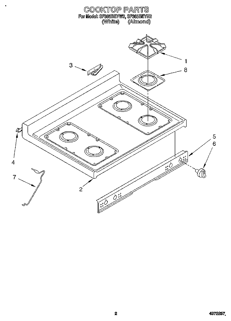 COOKTOP Diagram and Parts List for SF365BEYN2  Whirlpool Range