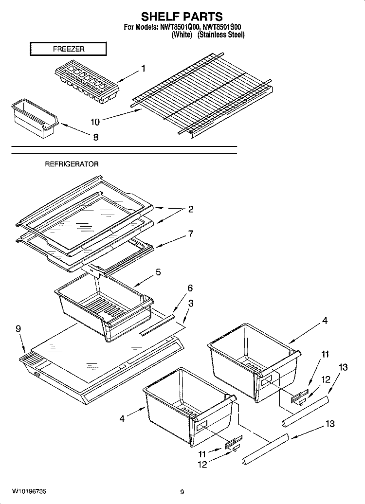 SHELF PARTS, OPTIONAL PARTS Diagram and Parts List for NWT8501Q00  Whirlpool Refrigerator