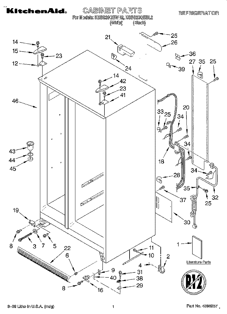 CABINET, LITERATURE Diagram and Parts List for KSBS20QEWH2  KitchenAid Refrigerator