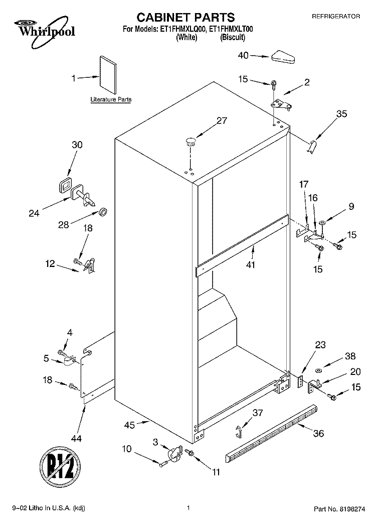 CABINET, LITERATURE Diagram and Parts List for ET1FHMXLT00  Whirlpool Refrigerator