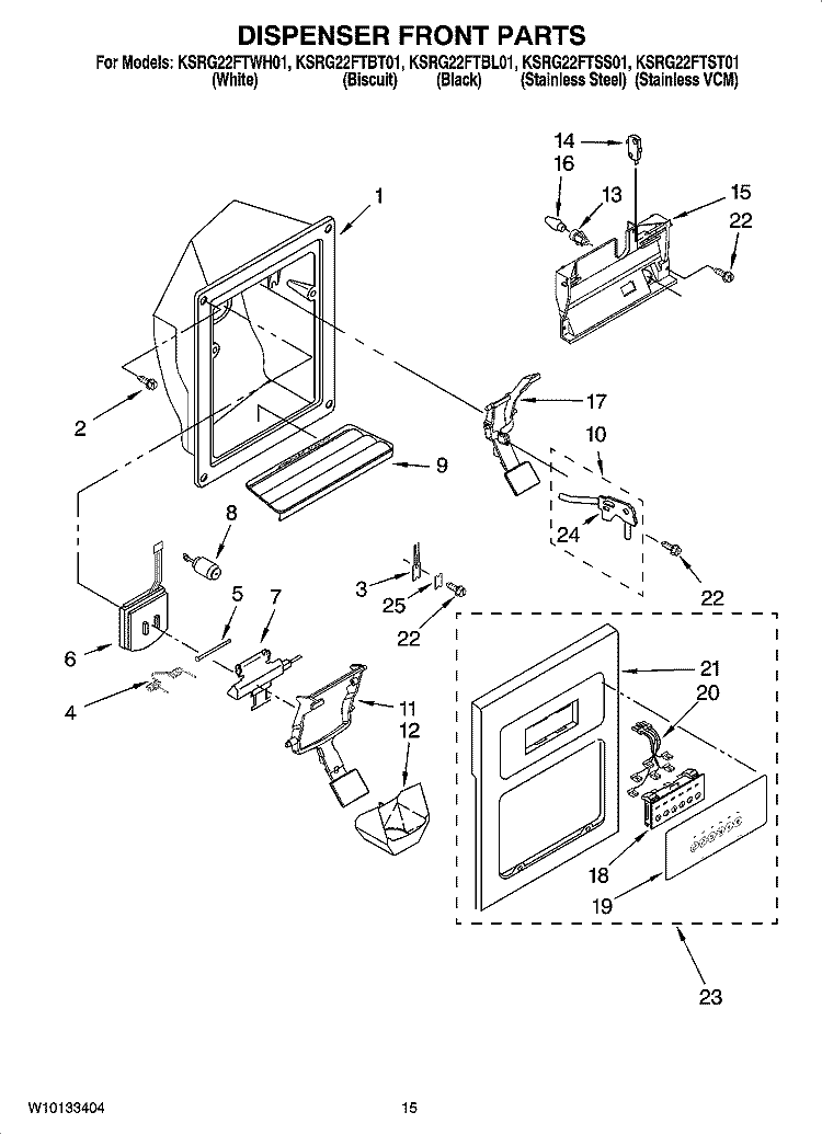 DISPENSER FRONT PARTS Diagram and Parts List for KSRG22FTBL01  KitchenAid Refrigerator