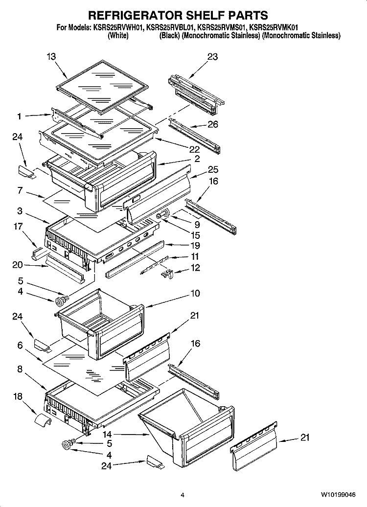 REFRIGERATOR SHELF PARTS Diagram and Parts List for KSRS25RVBL01  KitchenAid Refrigerator
