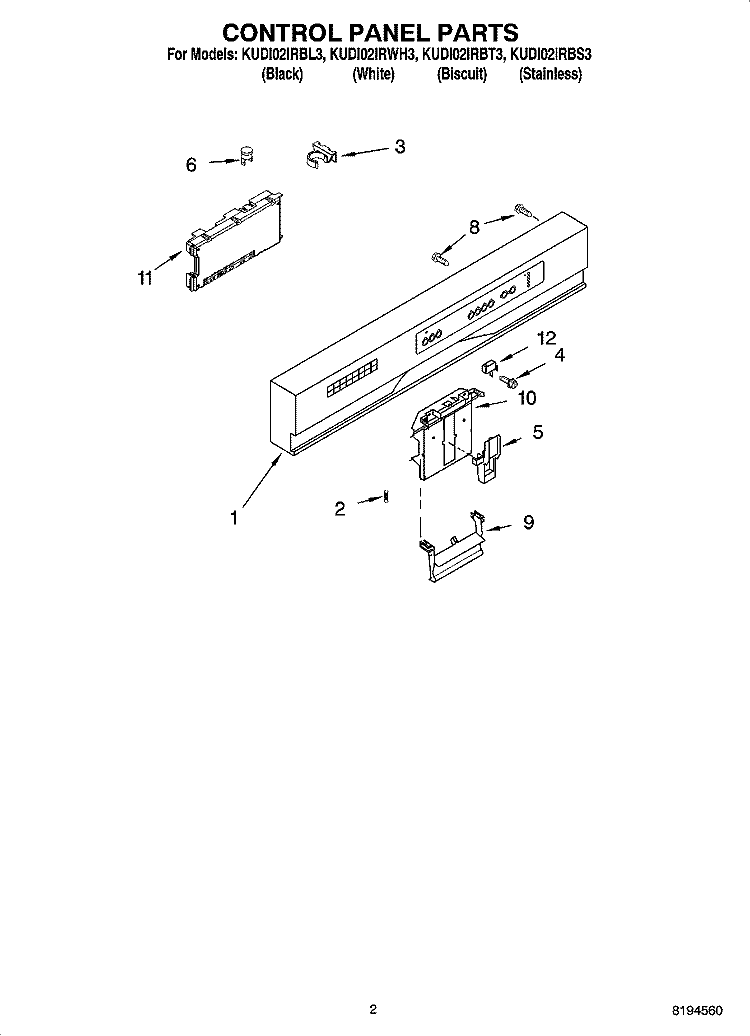 CONTROL PANEL PARTS Diagram and Parts List for KUDI02IRBL3  KitchenAid Dishwasher