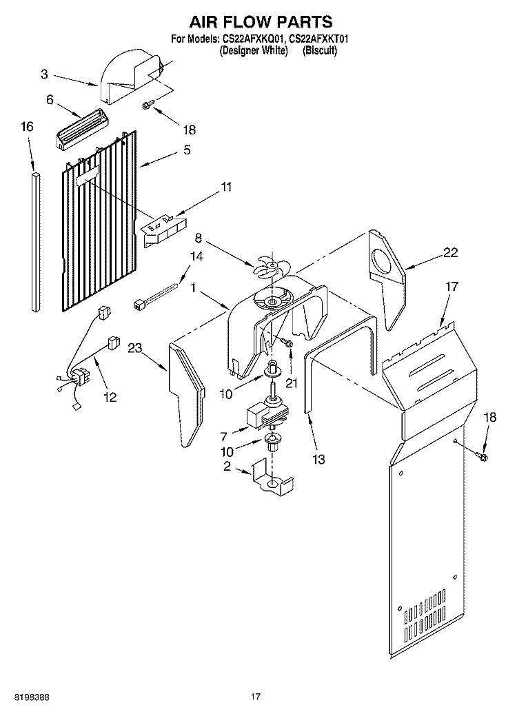 AIR FLOW Diagram and Parts List for CS22AFXKT01  Whirlpool Refrigerator