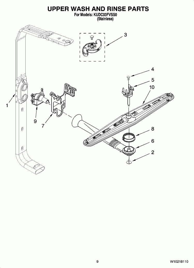 UPPER WASH AND RINSE PARTS Diagram and Parts List for KUDC03FVSS0  KitchenAid Dishwasher