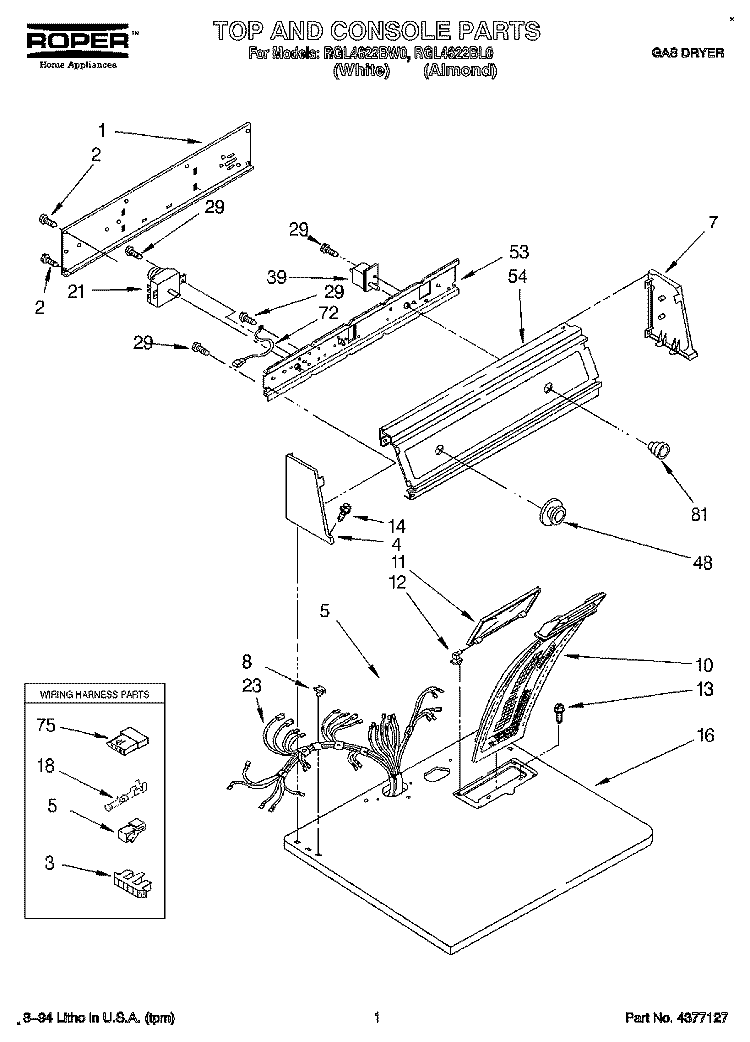 TOP AND CONSOLE, LIT/OPTIONAL Diagram and Parts List for RGL4622BW0  Roper Dryer