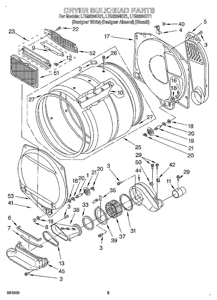 DRYER BULKHEAD Diagram and Parts List for LTG6234DT1  Whirlpool Washer Dryer Combo