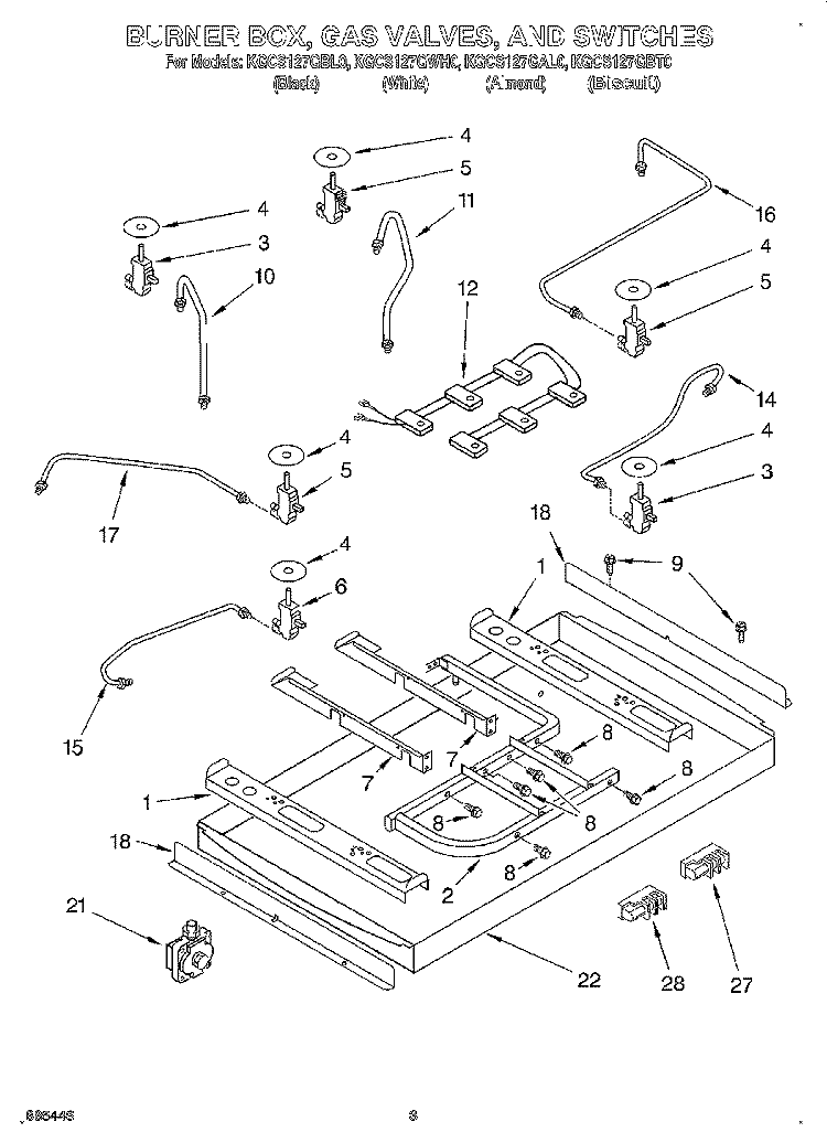 BURNER BOX, GAS VALVES, AND SWITCHES Diagram and Parts List for KGCS127GBT0  KitchenAid Cooktop
