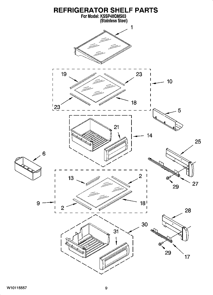 REFRIGERATOR SHELF PARTS Diagram and Parts List for KSSP48QMS03  KitchenAid Refrigerator