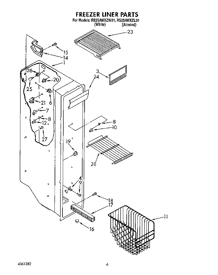 FREEZER LINER Diagram and Parts List for RS25AWXZW01  Whirlpool Refrigerator