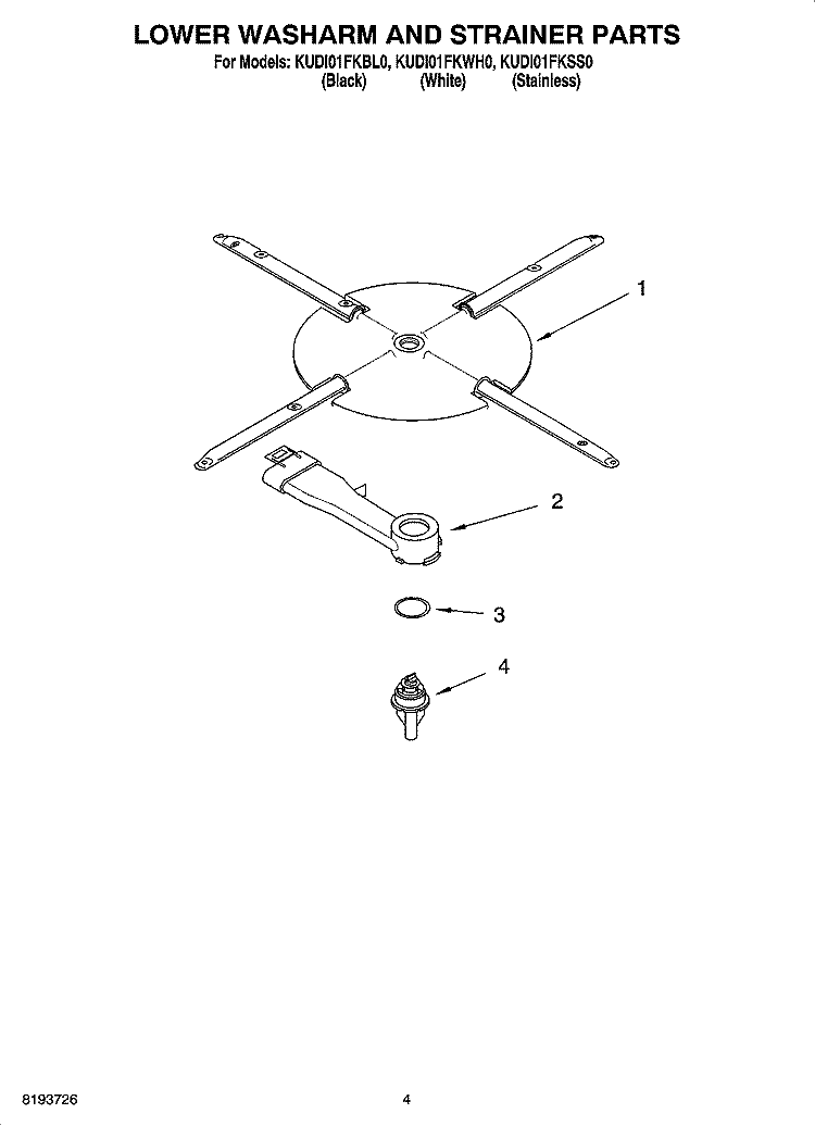 LOWER WASHARM AND STRAINER PARTS Diagram and Parts List for KUDI01FKBL0  KitchenAid Dishwasher
