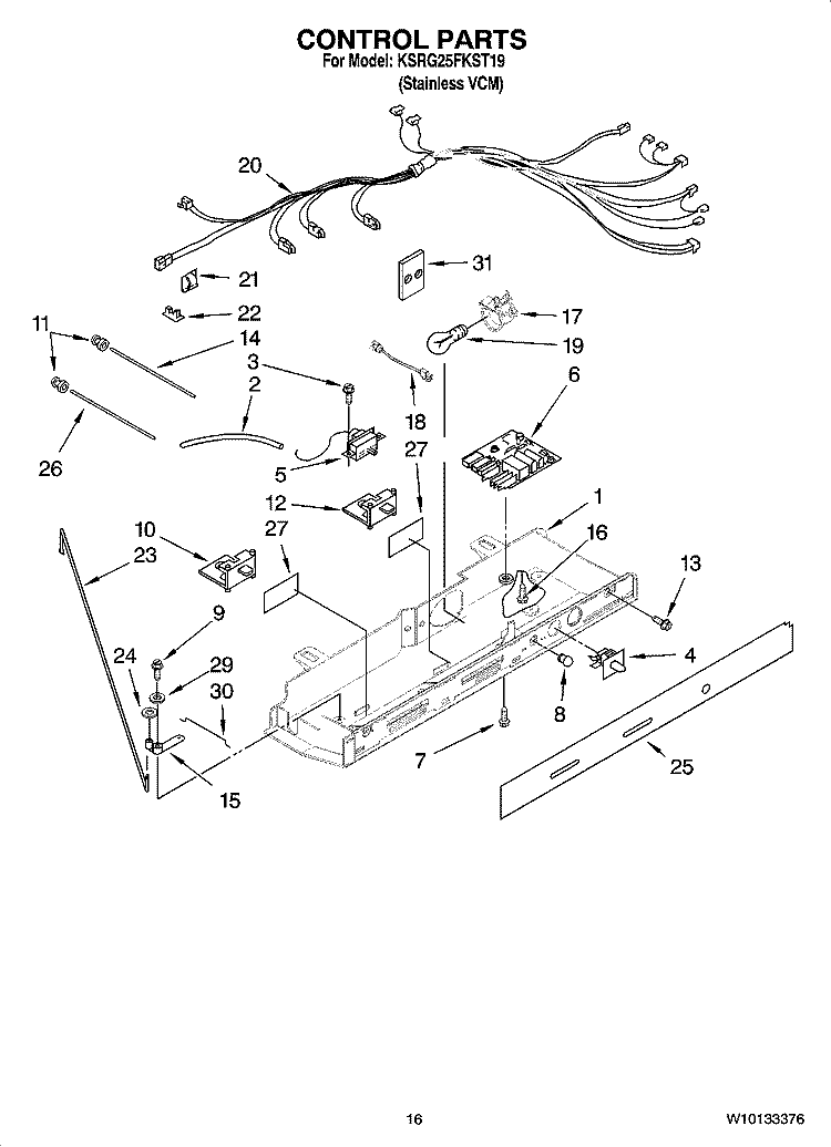 CONTROL PARTS Diagram and Parts List for KSRG25FKST19  KitchenAid Refrigerator