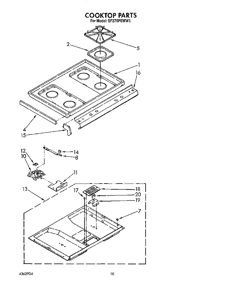 COOKTOP Diagram and Parts List for SF375PEWN3  Whirlpool Range