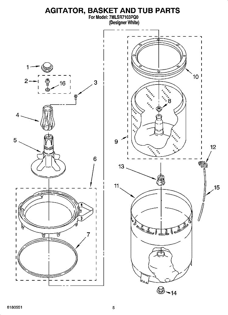 AGITATOR, BASKET AND TUB PARTS Diagram and Parts List for 7MLSR7103PQ0  Whirlpool Washer