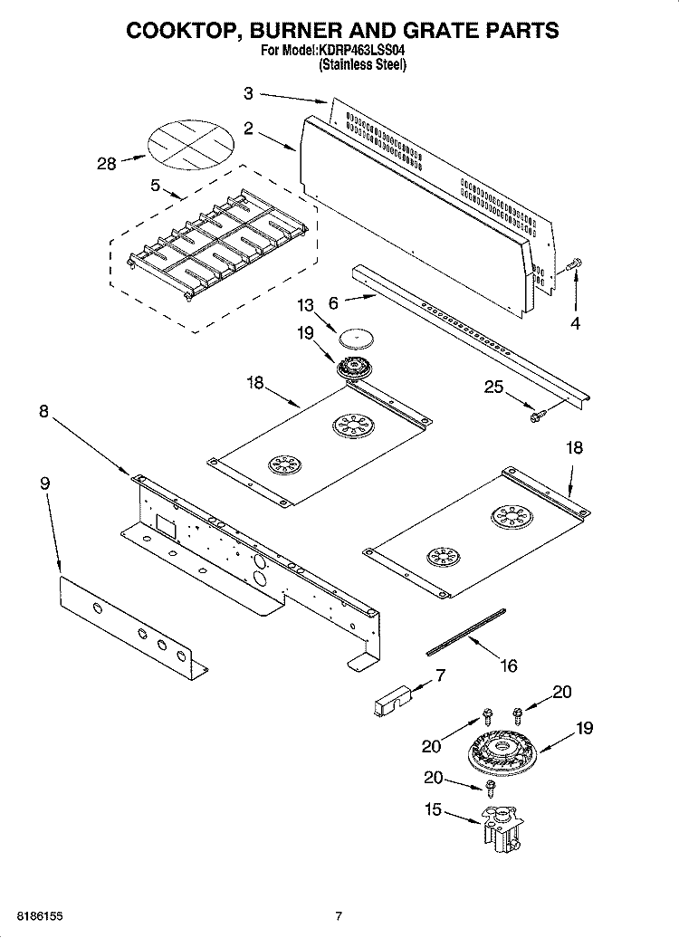 COOKTOP, BURNER AND GRATE PARTS Diagram and Parts List for KDRP463LSS04  KitchenAid Range
