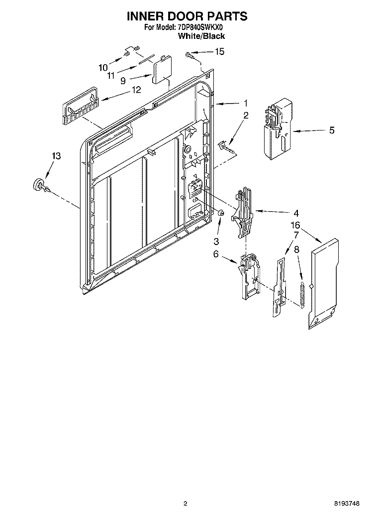 INNER DOOR PARTS Diagram and Parts List for 7DP840SWKX0  Whirlpool Dishwasher