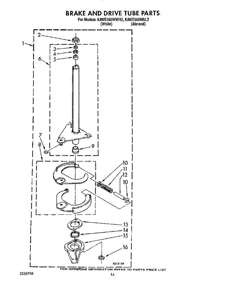 BRAKE AND DRIVE TUBE Diagram and Parts List for KAWE560WAL2  KitchenAid Washer