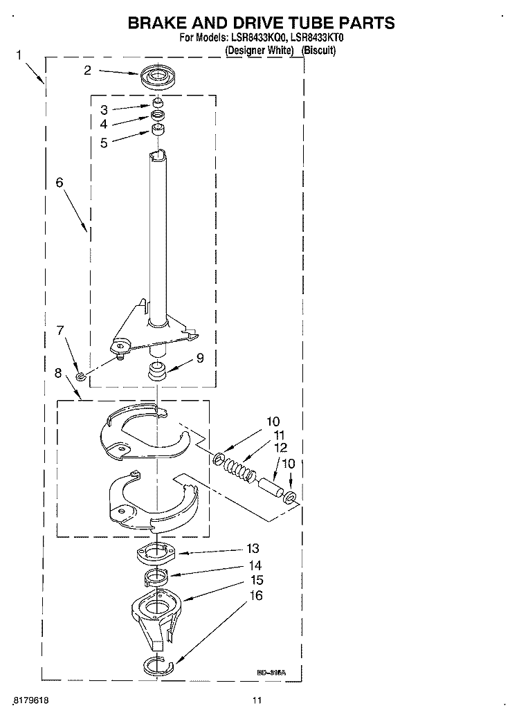 BRAKE AND DRIVE TUBE Diagram and Parts List for LSR8433KT0  Whirlpool Washer