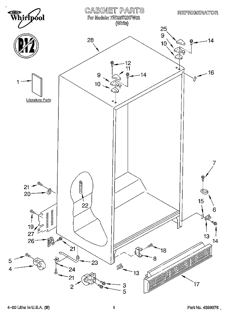 CABINET, LITERATURE Diagram and Parts List for 7ED20TQXFW02  Whirlpool Refrigerator