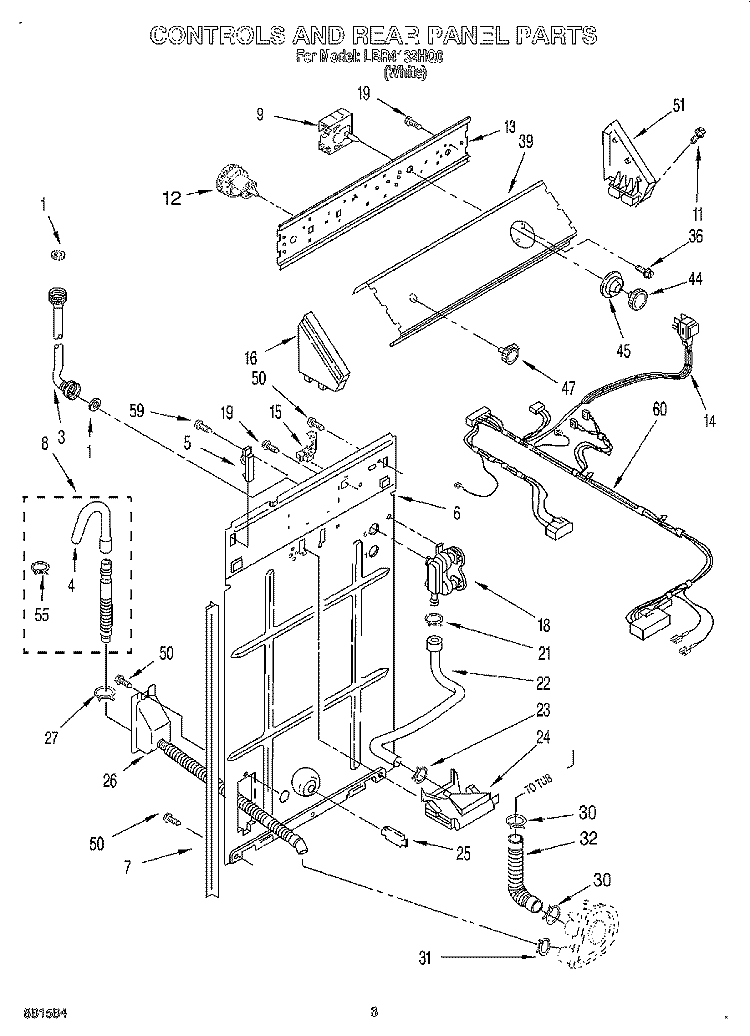 CONTROLS AND REAR PANEL Diagram and Parts List for LBR4132HQ0  Whirlpool Washer