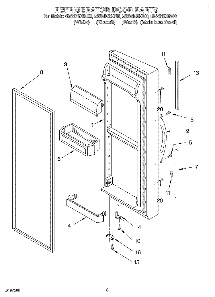REFRIGERATOR DOOR Diagram and Parts List for GS5SHGXKQ00  Whirlpool Refrigerator