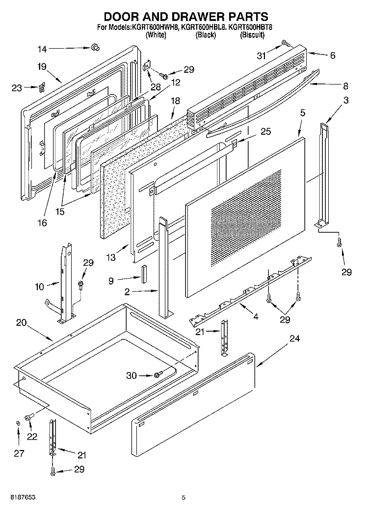 DOOR AND DRAWER Diagram and Parts List for KGRT600HBL8  KitchenAid Range