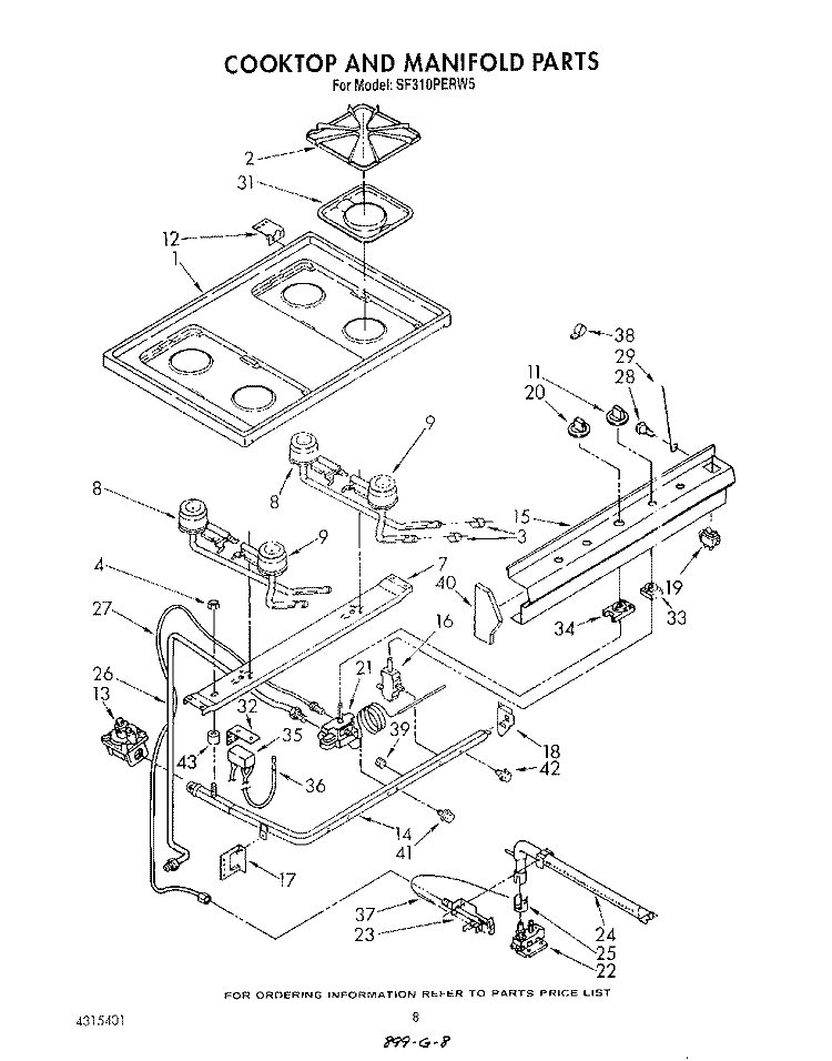 COOK TOP AND MANIFOLD , LITERATURE Diagram and Parts List for SF310PERW5  Whirlpool Range