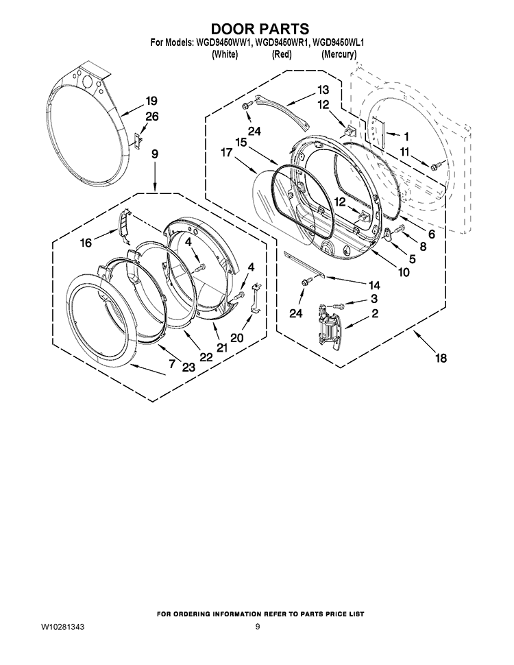 DOOR PARTS Diagram and Parts List for WGD9450WW1  Whirlpool Dryer